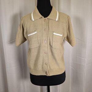 Vintage Beige Knit Polo Cardigan | David Hollis | Size M